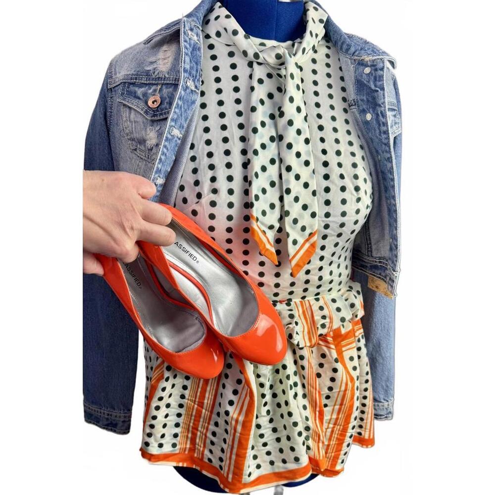 Vintage Polka Dot Secretary Dress 70 Mod Style Long Sleeve Tie Neck Orange Skirt